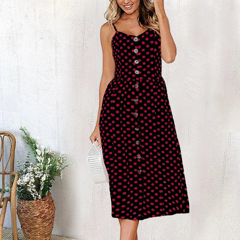 Button Open Back Red Casual Midi Dress