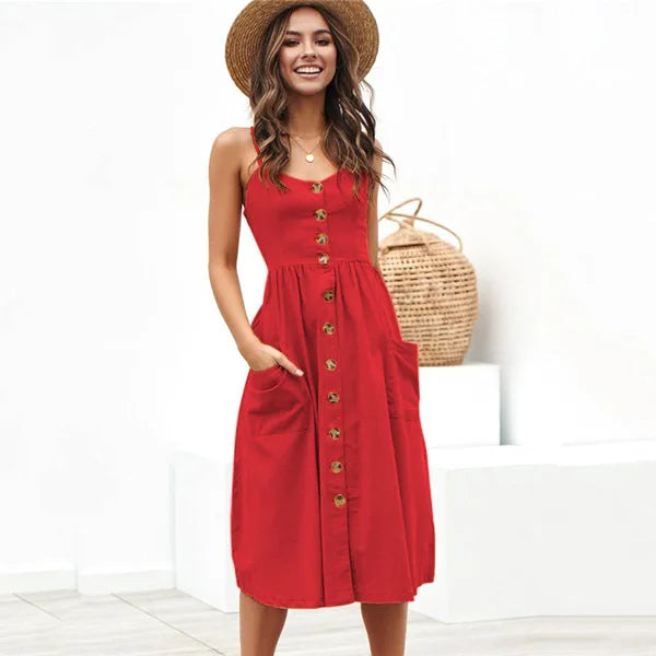 Button Open Back Red Casual Midi Dress