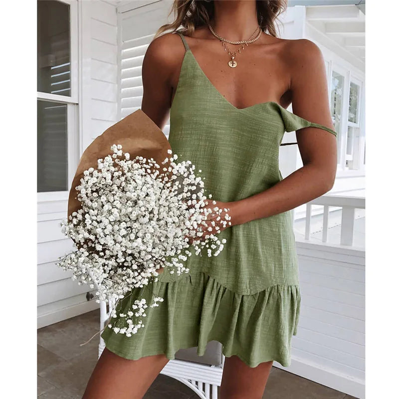 Strap Ruffle Sleeveless Green Midi Dress
