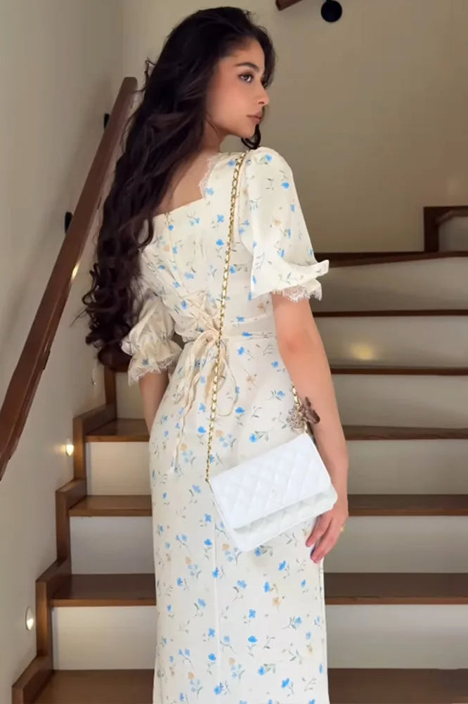 Satin Puff Sleeve Floral Dress