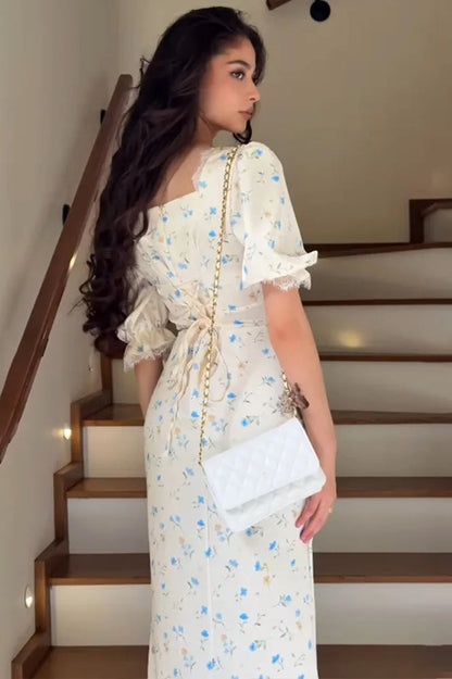 Satin Puff Sleeve Floral Dress