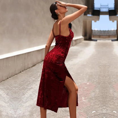 Velvet Slit Halter Midi Dress