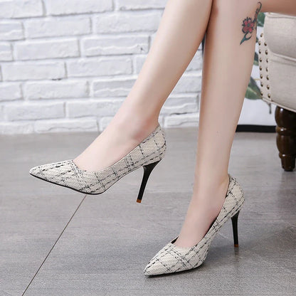Simple Color Matching Plaid Design Shopping Walking New Style High Heel