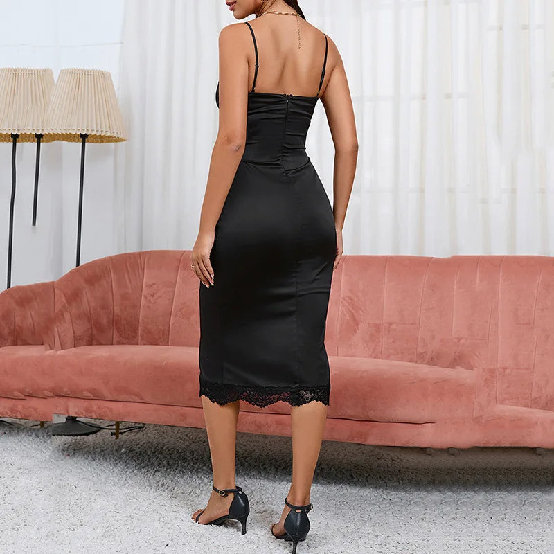 Lace Halter V Neck Midi Dress