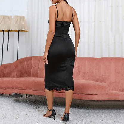 Lace Halter V Neck Midi Dress