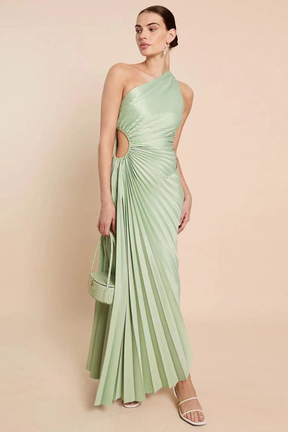 Ruched Satin One-Shoulder Cut-Out Party Silk Dress