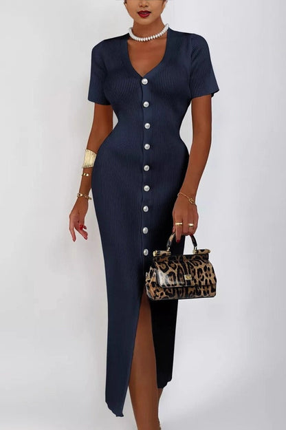 Waist Cinched V Neck Single Breasted Short Sleeve Knit Maxi Sweater Dress