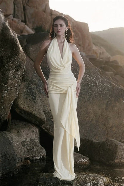 Draped Neckline Low-Back Maxi Party Dress