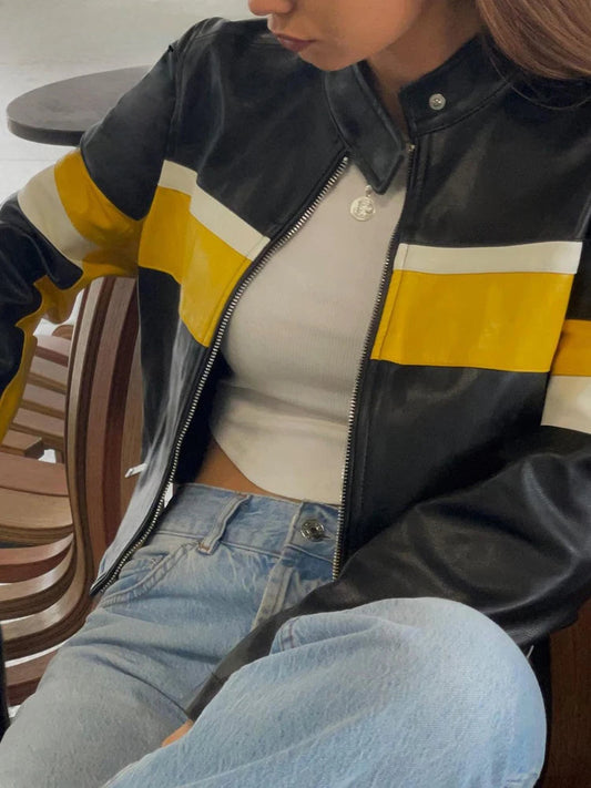 Patchwork Stripe PU Biker Jacket