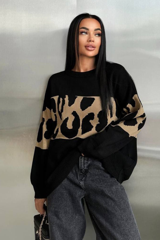 Colorblock Leopard Knit Sweater