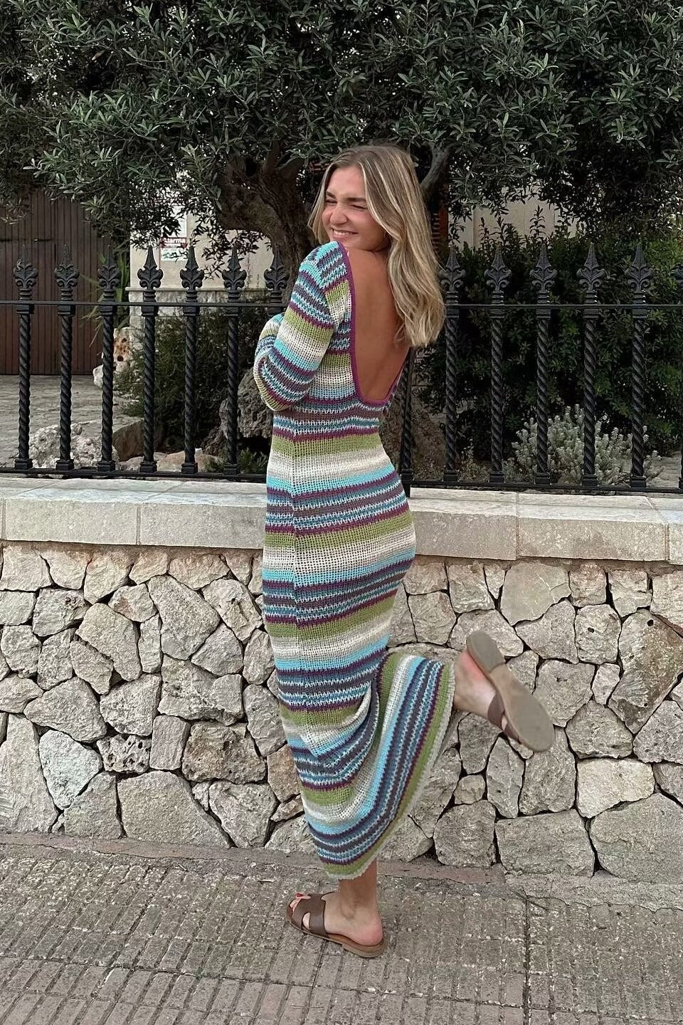 Slim Striped Long Sleeve Knit Fashionable Sweater Dress