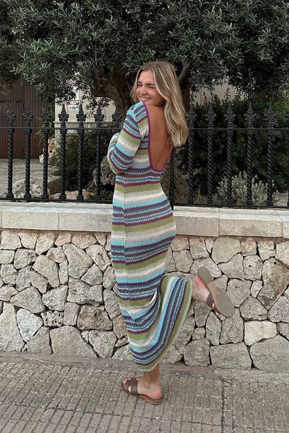 Slim Striped Long Sleeve Knit Fashionable Sweater Dress