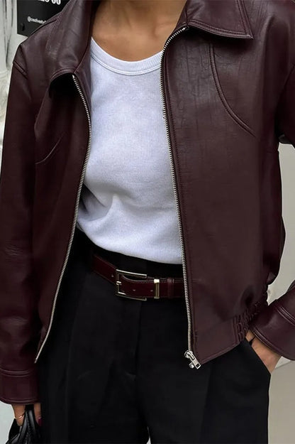Retro Wine Red PU Leather Short Jacket