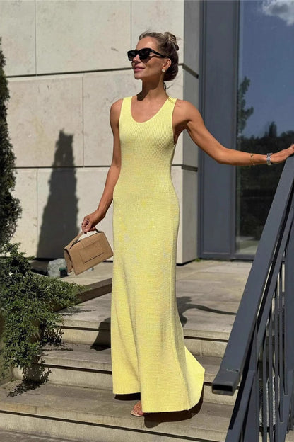 Solid Color Street Style Sleeveless Maxi Knit Elegant Summer Sweater Dress