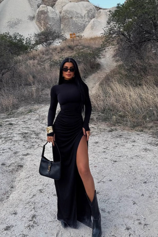 Ruched Mock Neck Long-Sleeve Work Dress