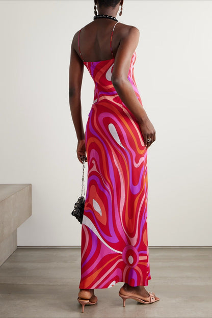 Sexy Printed Satin Cami Slit Silk Dress