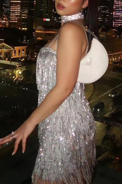 Sexy Sleeveless Bodycon Cami Sequin Glitter Fringe Sequin Dress