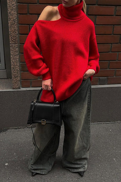 Turtleneck Cold Shoulder Knit Sweater