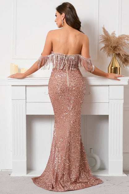 Boat Neck Bandeau Sequin Fringe Mermaid Maxi Sequin Dress