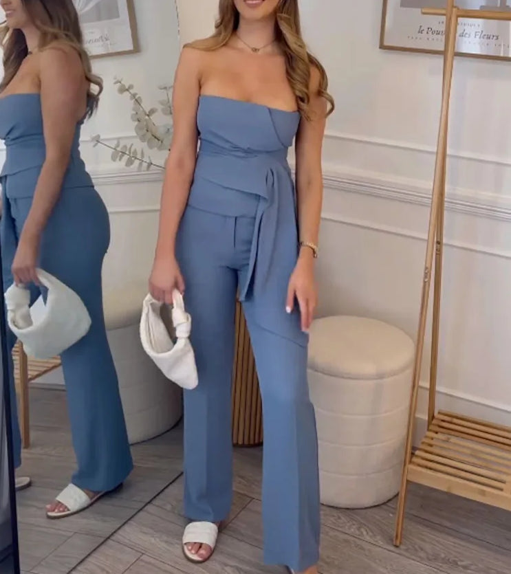 Solid Asymmetric Zip Side Two Piece Pants Set