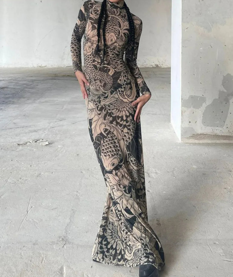 Graphic Turtleneck Long Sleeve Maxi Dress