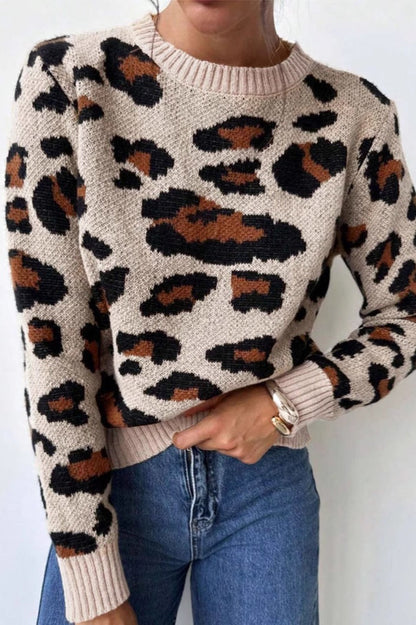 Contrast Leopard Crew Neck Sweater