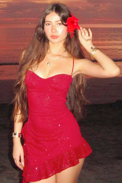 Sequin Ruffle Wrap Slip Dress