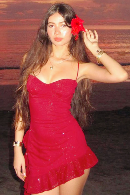 Sequin Ruffle Wrap Slip Dress