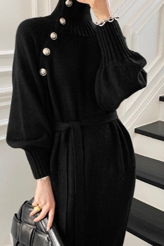 Tie Waist Knit Turtleneck Long Sweater Dress