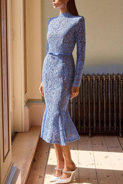 Sheer Hollow Out Belted Mermaid Lace Dress