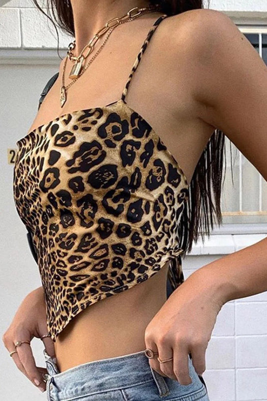 Leopard Print Lace-Up Crop Top