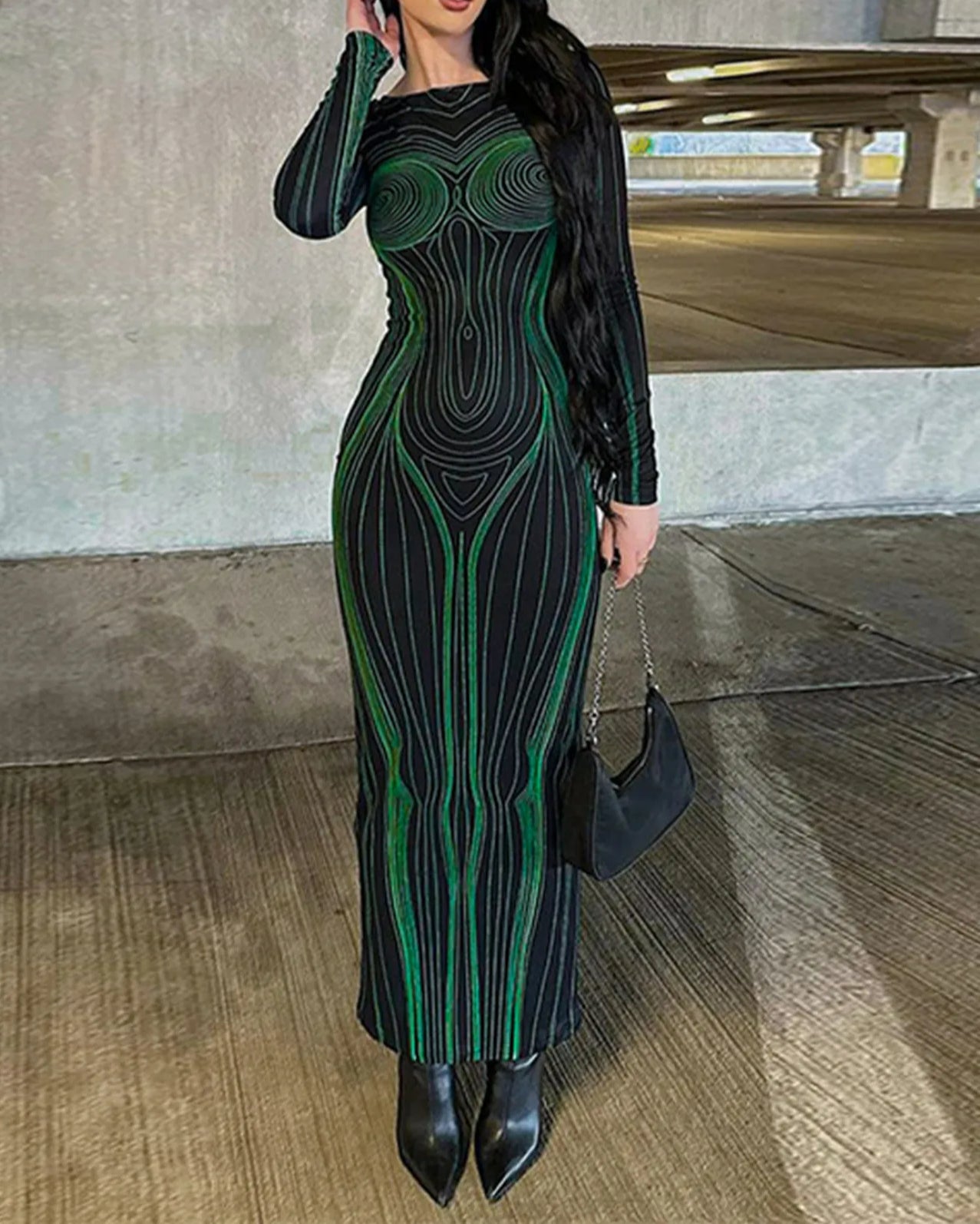 Striped See Through Bodycon Maxi Dress