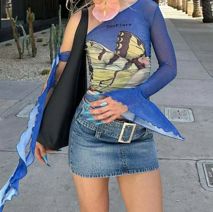 Mesh Butterfly Printed Sheer Top