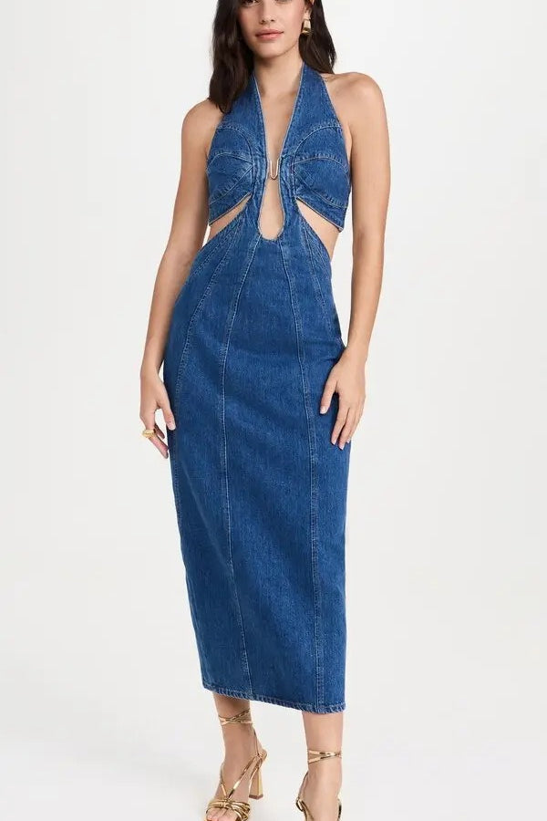 Sexy Halter Wrap Denim Dress