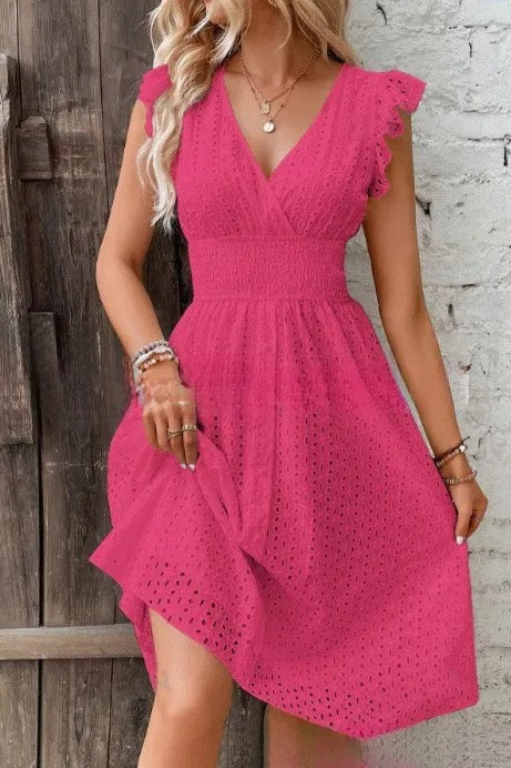 V-Neck Lace Waist Mini Dress