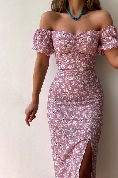 Chiffon Wrap Slit Floral Dress