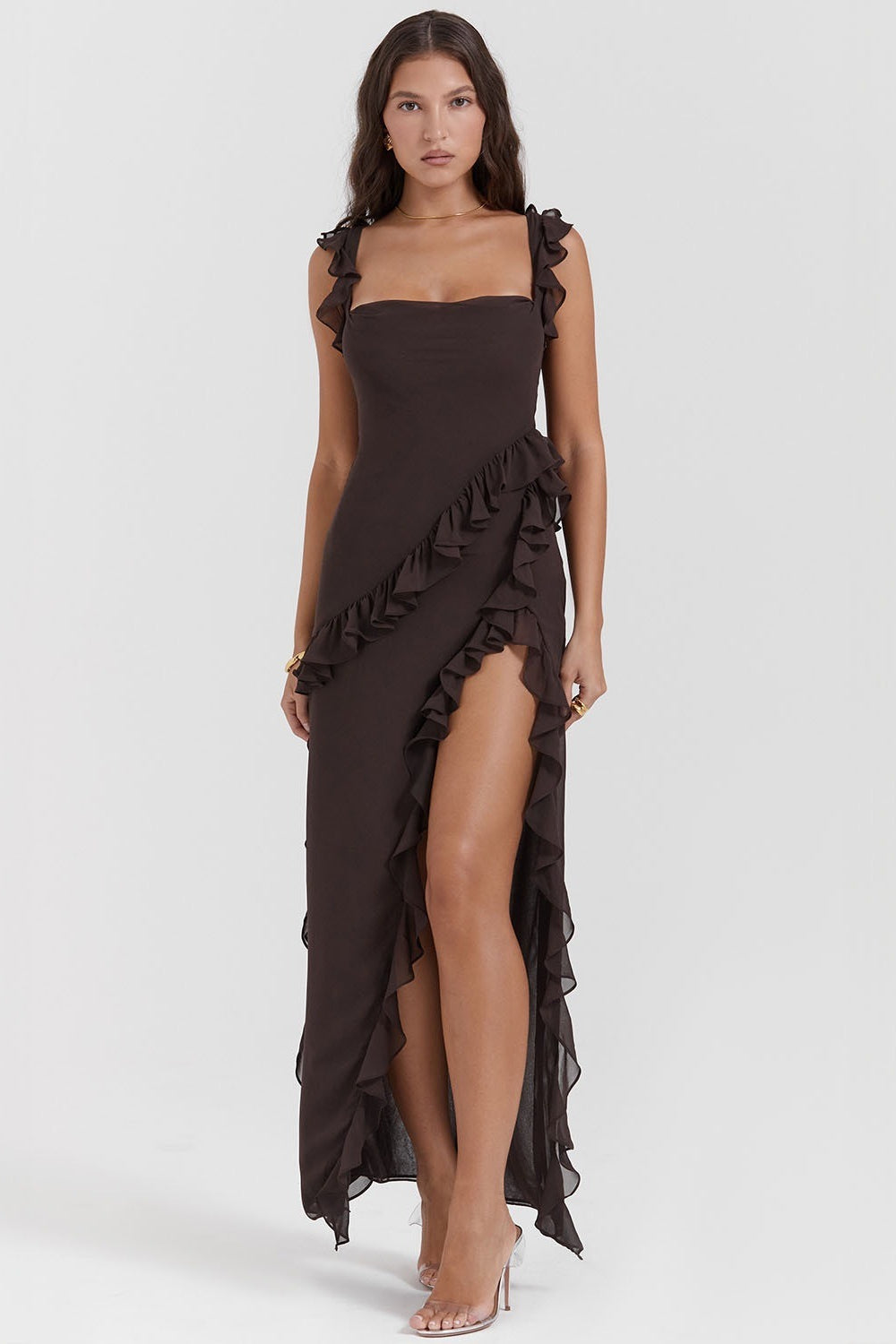 Square Neck Ruffle Slit Party Dress