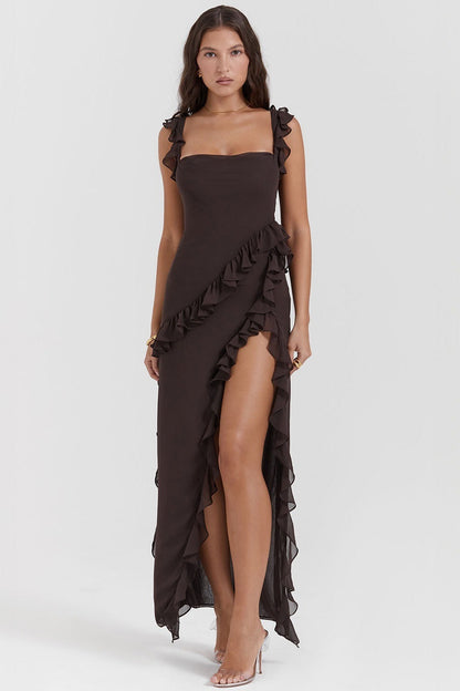 Square Neck Ruffle Slit Party Dress