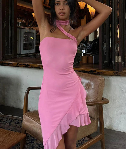 Asymmetrical Lace Halter Solid Mini Dress