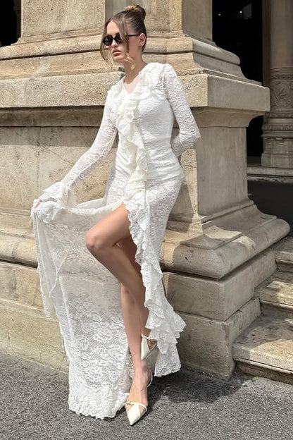 Sheer Panel Fluted Sleeve Party Dress