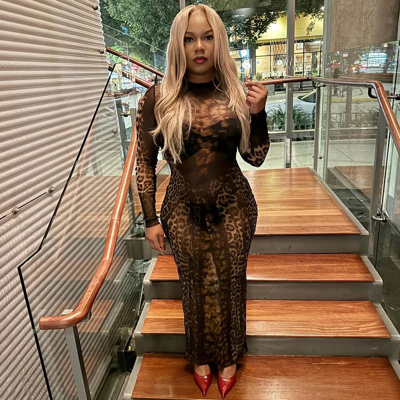 Mesh Leopard See Through Midi Dress