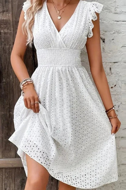 V-Neck Lace Waist Mini Dress