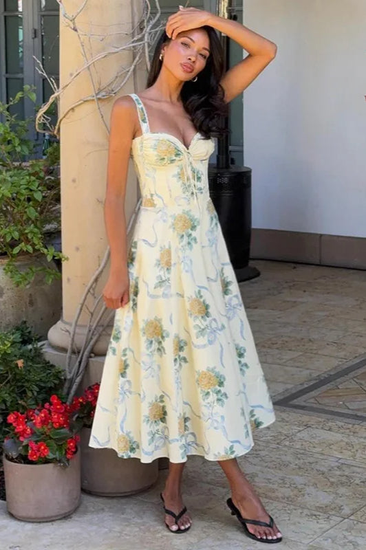 Spaghetti Strap Print Pleated Floral Dress