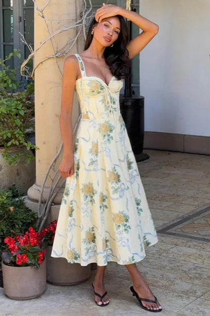 Spaghetti Strap Print Pleated Floral Dress