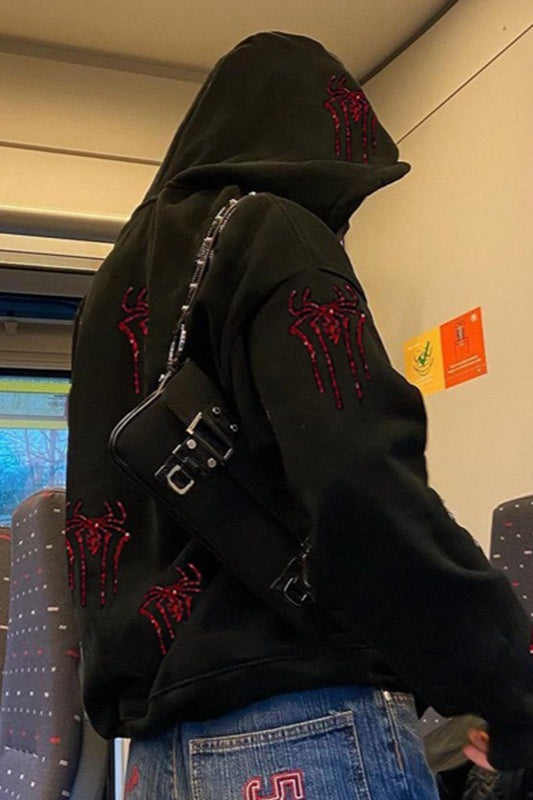 Spider Rhinestone Zipper Hoodie