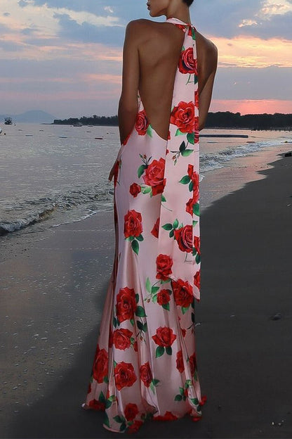 Printed Halter Backless Sexy Maxi Silk Dress