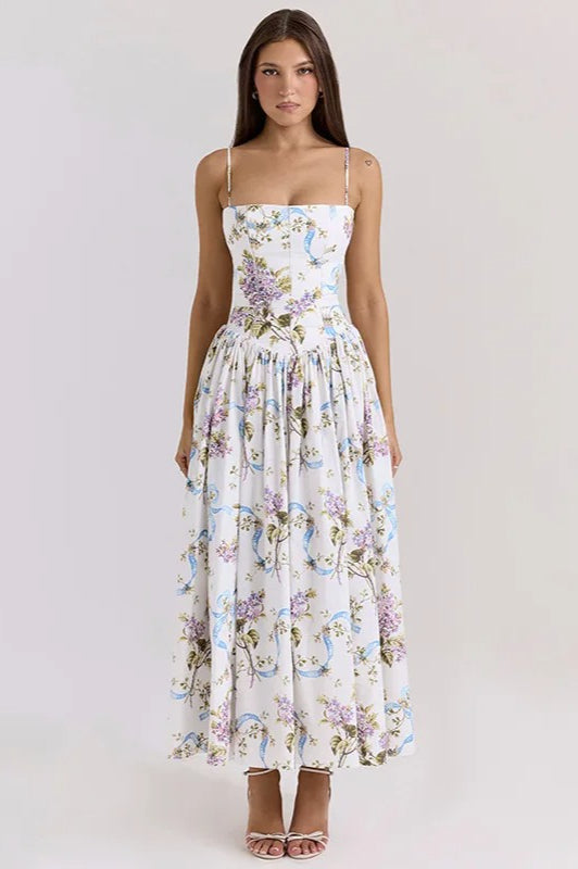 Print Pleated Spaghetti Maxi Dress