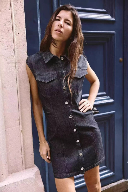Sleeveless Ruched Mini Denim Dress