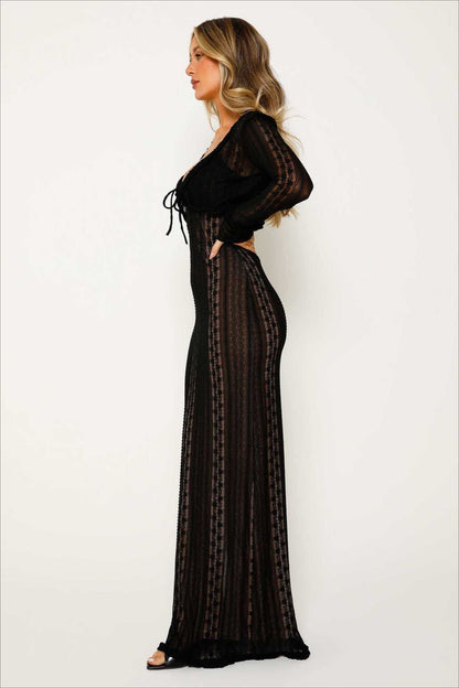 Sexy V Neck Long Sleeve Split Lace Dress