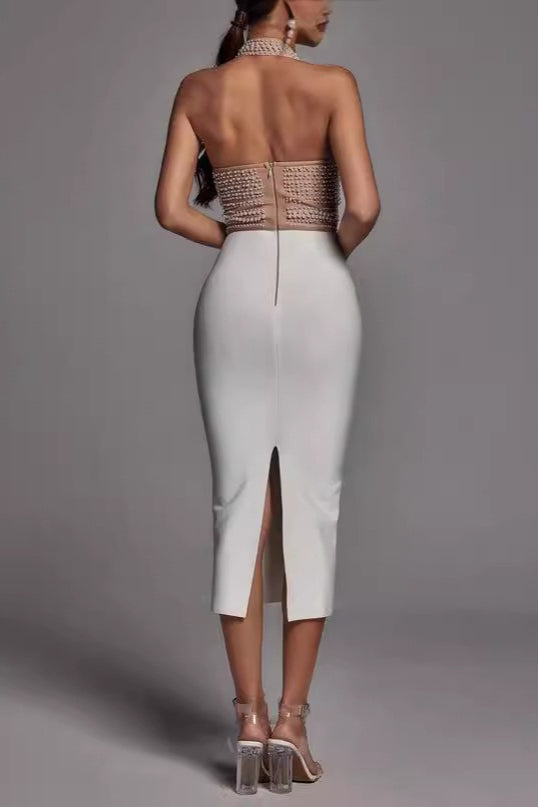 Pearl Beaded Halter Colorblock Bandage Cocktail Dress